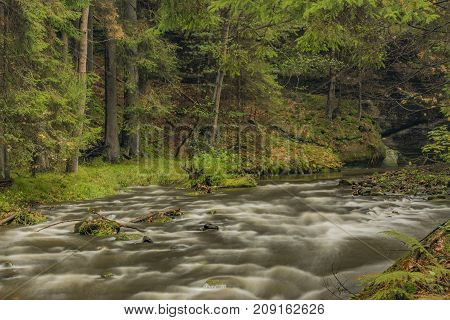 Chribska Kamenice river in national park Ceske Svycarsko in autumn morning