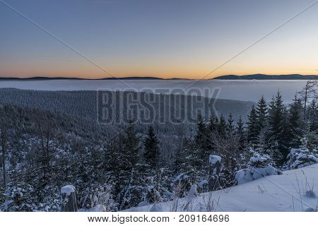 Morning with sunrise in Jeseniky mountains in winter sunny day