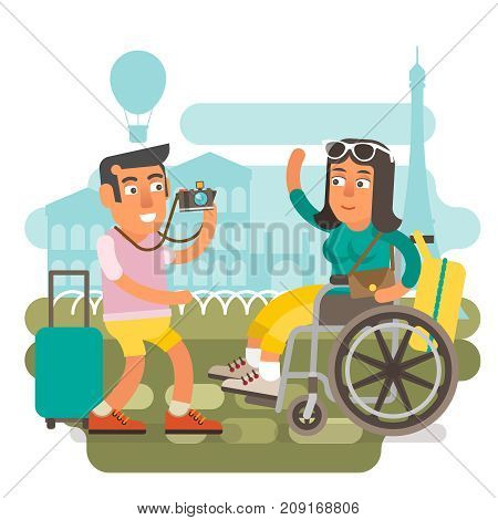 Differently abled girl on wheelchair traveling with boyfriend