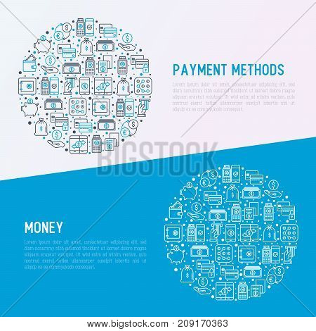 Payment concept in circle with thin line icons related to credit card, money flow, saving, atm, mobile payment. Vector illustration of banner, web page, print media.