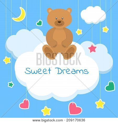 Sweet dreams colorful vector Illustration. Sleep concept. Beautiful poster for baby rooms or bedroom. Children background with moon stars blue and white cartoon clouds.