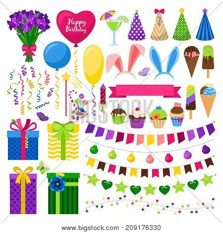 Party colorful icons set vector illustration. Gift boxes partu hats, bounting flags and sweet cupcakes