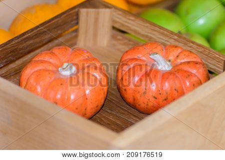 two little pumpkins in a wooden box among vegetables