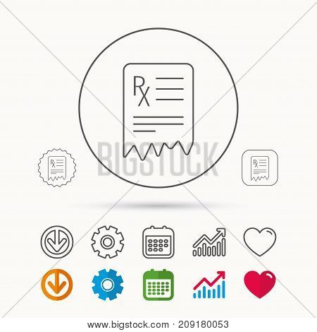 Medical prescription icon. Health document sign. Calendar, Graph chart and Cogwheel signs. Download and Heart love linear web icons. Vector