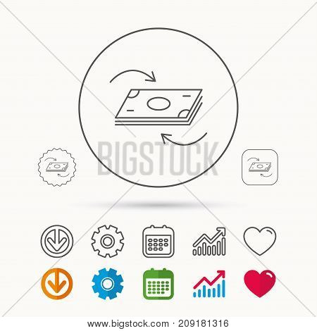Money flow icon. Cash investment sign. Currency exchange symbol. Calendar, Graph chart and Cogwheel signs. Download and Heart love linear web icons. Vector