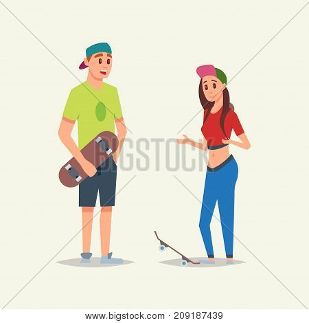Young and sportsmanlike skaters boy and girl speaking and holding skateboards