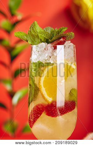Summer Drink - White Sparkling Sangria. Sangria Drink with Orange, Strawberry and Mint on Bright Red Background. Leaves and Flower on Background