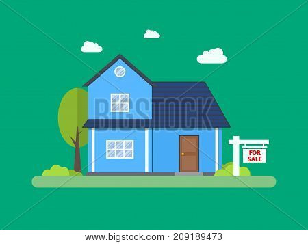 House for sale. Home and sign in the foreground. Estate agency. Vector flat design illustration.