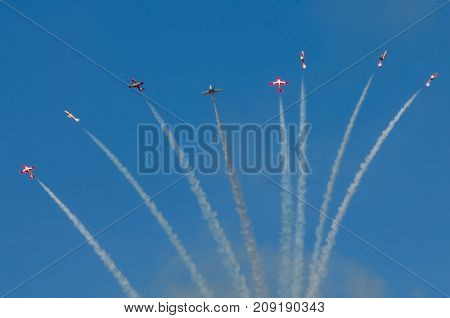 Boise Idaho USA - October 15 2017. Canadian Forces Snowbirds performing at the Gowen Thunder airshow on October 15, 2017.
