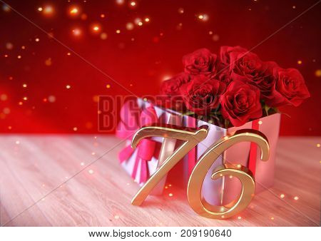 birthday concept with red roses in gift on wooden desk. 3D render - seventy-sixth birthday. 76th