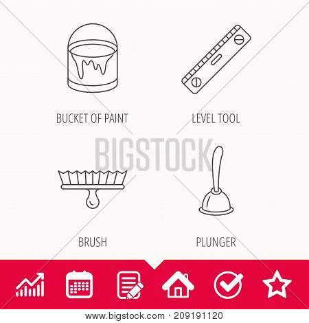 Level tool, plunger and brush tool icons. Bucket of paint linear sign. Edit document, Calendar and Graph chart signs. Star, Check and House web icons. Vector