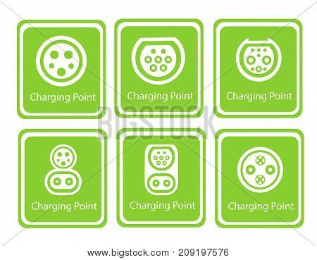 Green Eco Electric Fuel Pump Vector Icon . Road sign template of electric vehicle. Vector illustration of minimalistic flat design Charger input options.