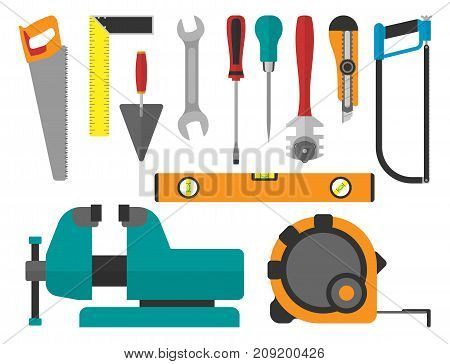 Vector various color flat design house repair instruments equipment icons construction house tools. Building renovation toolbox housework equipment illustration
