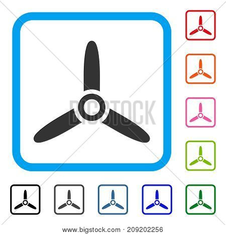 Three Bladed Screw icon. Flat gray pictogram symbol in a light blue rounded squared frame. Black, gray, green, blue, red, orange color variants of Three Bladed Screw vector.