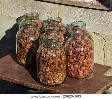 Dried Fruits In The Three-liter Jar. Dried Apples, Cut Into Slic