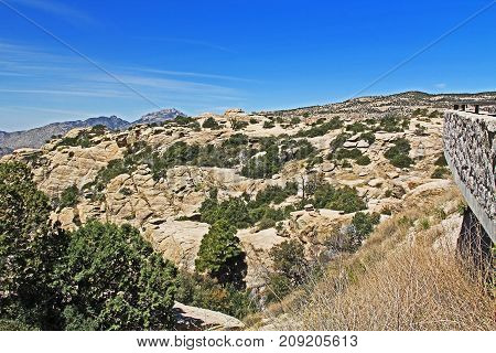 Windy Point on Mount Lemmon in Tucson, Arizona, USA in the Santa Catalina Mountains located in the Coronado National Forest with blue sky copy space.