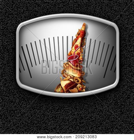 Junk food weight scale as unhealthy snacks shaped as a measuring dial needle as an obesity control concept with 3D render elements.