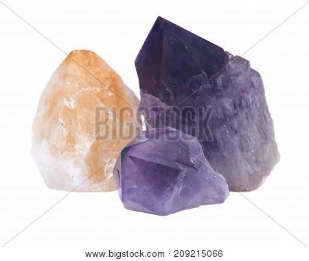 Collection of Ametrine, Citrine, and Amethyst points, isolated on white background