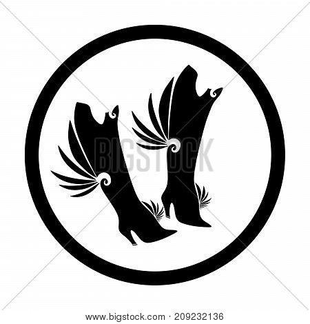 Black high-heel boots with wings (silhouettes) in a round black frame on a white background