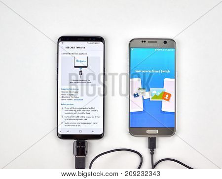 MONTREAL CANADA - OCTOBER 12 2017: Smart switch data transfer from Samsung S7 to a new Galaxy S8 device.