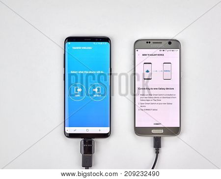 MONTREAL CANADA - OCTOBER 12 2017: Smart switch data transfer from Samsung S7 to a new Galaxy S8 device.