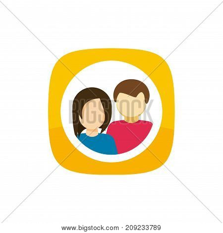Contacts icon vector symbol, flat cartoon man and woman couple persons inside button, idea of addresses sign, personal organizer or profile data pictogram