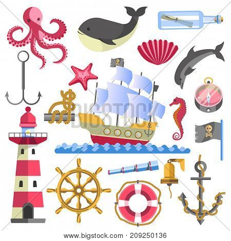 Marine theme traditional sea elements on white.  poster of ship on water, striped lighthouse, glass bottle with rolled paper, round lifebuoy and anchor, seafish and bell emblems logo collection