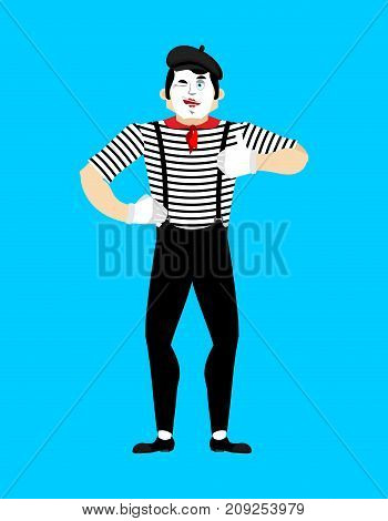 Mime Winks And Thumb Up. Happy Pantomime. Merry Mimic. Vector Illustration