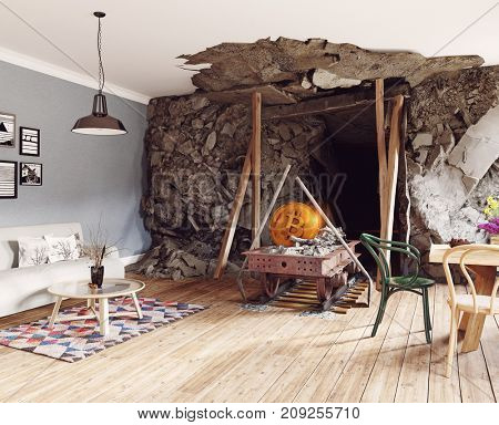 Bitcoin mining in the living room interior. 3d rendering illustration concept