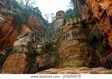 View of the Buddha statue in Leshan, China. Leshan Buddha is the world's largest statue of Buddha, whose height is 71 meters.