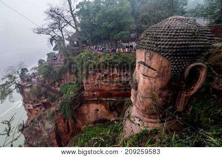 View of the Buddha statue in Leshan, China. Leshan Buddha is the world's largest statue of Buddha, whose height is 71 meters.