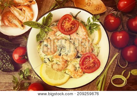 Overhead Of Dinner Table. Seefood Casserole With Leek, Cheese, Grilled Shrimps, Serving With Tomato