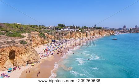 Aerial. Rocks and beaches near the beaches of Portimao.