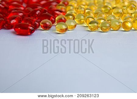 Pills Background. Heap Of Medicine Tablets And Pills In Blisters Different Colors On Blue Background