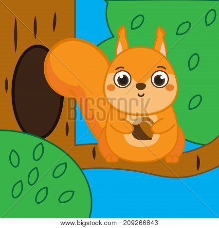 Cartoon squirrel sitting on tree branch holding hazelnut. Vector illustration for kids