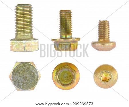 Zinc bolts. Hex, torx drives. Isolated on white background