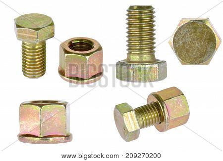 Zinc hex bolt with lock washer nut isolated on white background