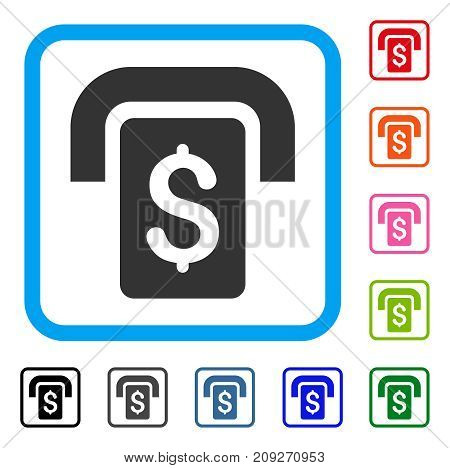 Cashpoint icon. Flat gray iconic symbol in a light blue rounded squared frame. Black, gray, green, blue, red, orange color additional versions of Cashpoint vector. Designed for web and app interfaces.