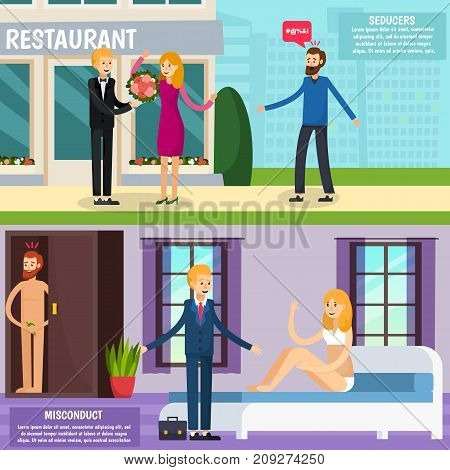 Love triangle horizontal orthogonal banners with man giving flowers to woman and treason scene isolated vector illustration