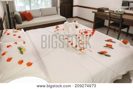Hotel room prepared for romantic date