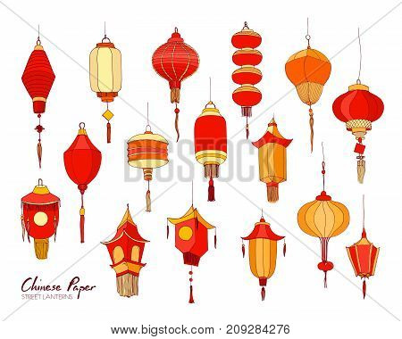 Collection of hand drawn Chinese red paper street lanterns of various shapes and sizes isolated on white background. Set of beautiful traditional asian festival decorations. Vector illustration