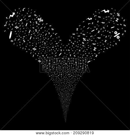 Math Symbols source stream. Vector illustration style is flat white iconic math symbols symbols on a black background. Object fountain created from random symbols.