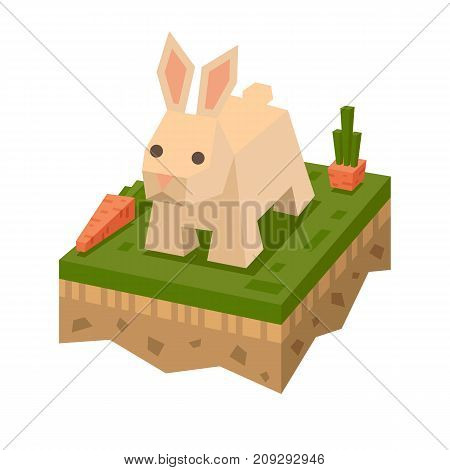 3D isometric flat style rabbit. Isometry animal. Vector hare character. Rabbit on tile of ground, mammal in wildlife. Hare on grass. Coney element for game or poster design. Vector illustration art.