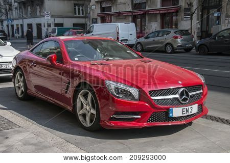 March 25, 2017 - Budapest, Hungary - Red Mercedes Sl 350 Car Parked In The Street In Budapest