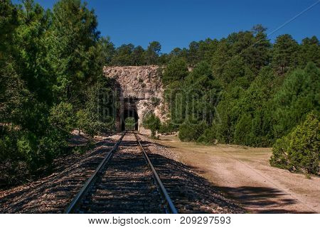 The landscape with the Copper Canyons railway road near Creel Chihuahua Mexico