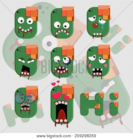 Zombie face emotions stickers vector illustration scary and fun art
