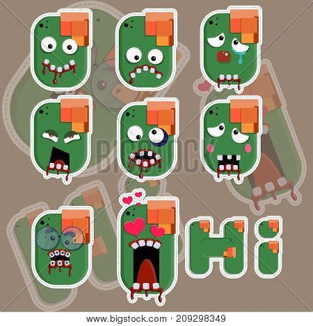 Zombie face emotions stickers vector illustration scary and fun art
