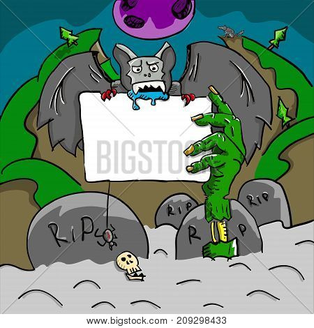 Halloween invitation card vector illustration. Zombie hand and nice bat