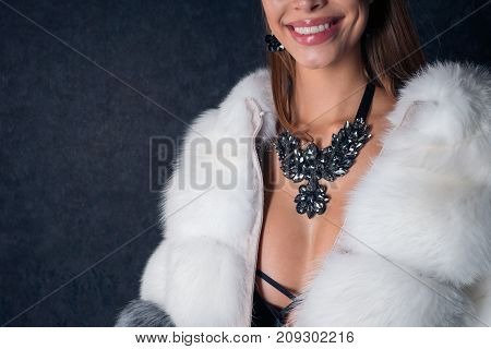 Young sexy girl smiling in a fur coat with beautiful accessories insulated on dark