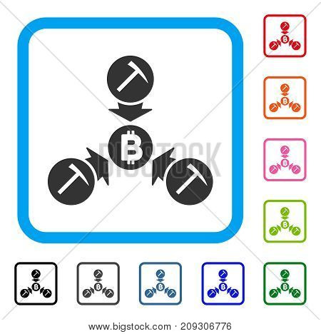 Bitcoin Mining Pool icon. Flat grey iconic symbol in a light blue rounded squared frame. Black, gray, green, blue, red, orange color variants of Bitcoin Mining Pool vector.
